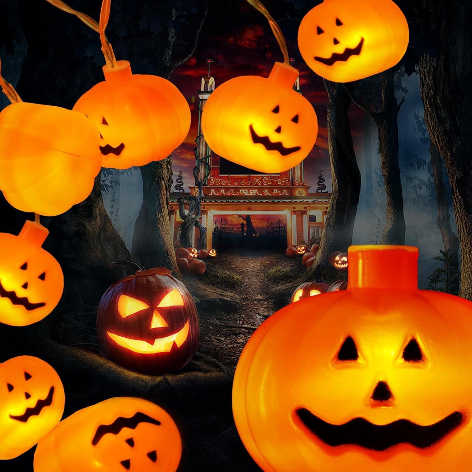 Qoosea Halloween Pumpkin String Lights, 20FT 40 LED 8 Mode Waterproof Pumpkin String Lights for Outside Decor Camper Party Indoor Bedroom Decorations