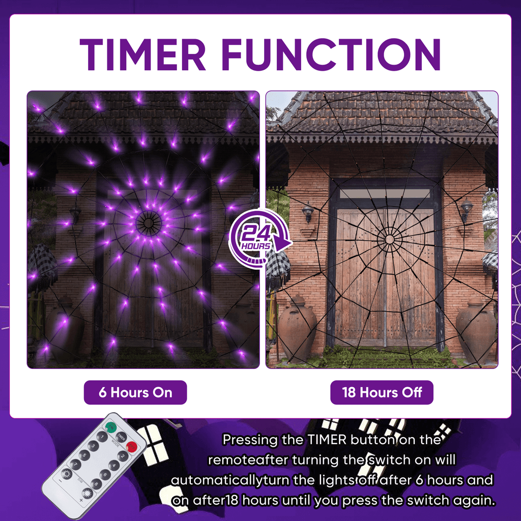 16.4Ft Large Spider Webs Halloween Decorations Lights, Outdoor Battery Operated Purple Halloween String Lights with 8 Modes Remote Control 125 LEDs Spiderweb,60" Large Spider,Waterproof (Purple)