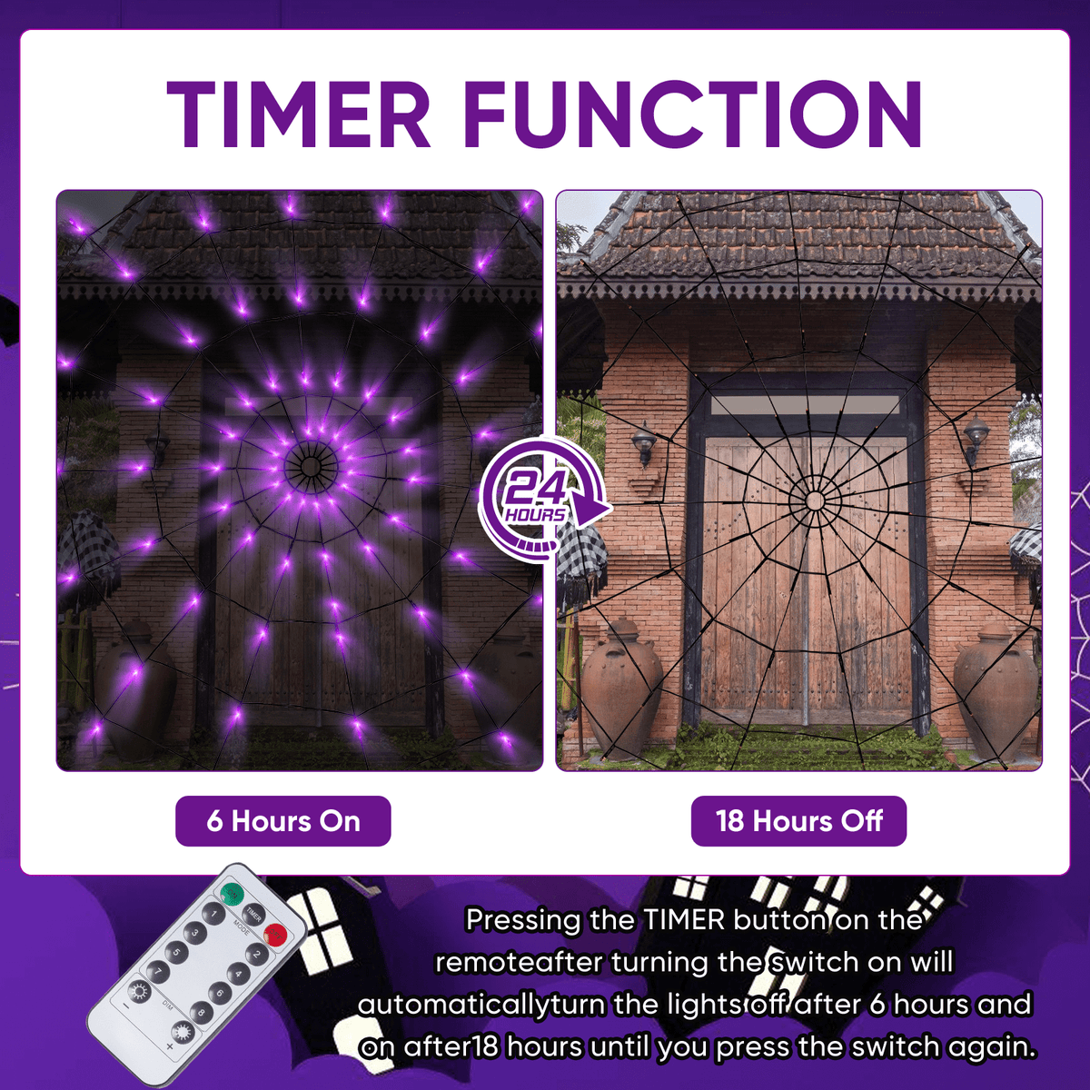 16.4Ft Large Spider Webs Halloween Decorations Lights, Outdoor Battery Operated Purple Halloween String Lights with 8 Modes Remote Control 125 LEDs Spiderweb,60" Large Spider,Waterproof (Purple)