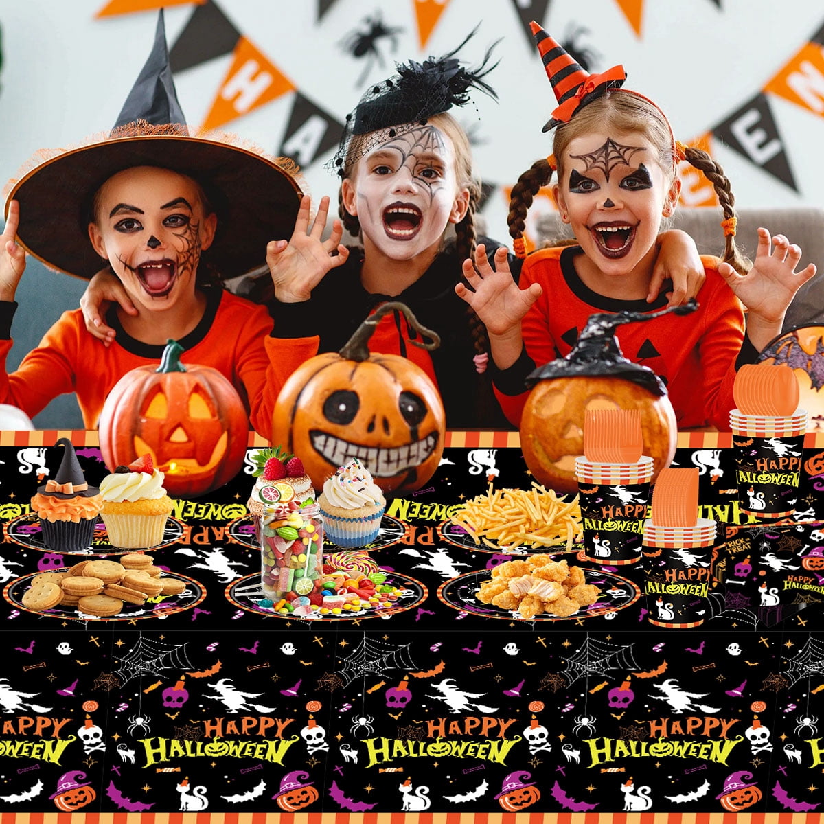 Halloween Paper Plates for Halloween Party Decoration Disposable Cups Napkins Table Cover for Halloween Banner Birthday Party Supplies Serve 20 Design 3