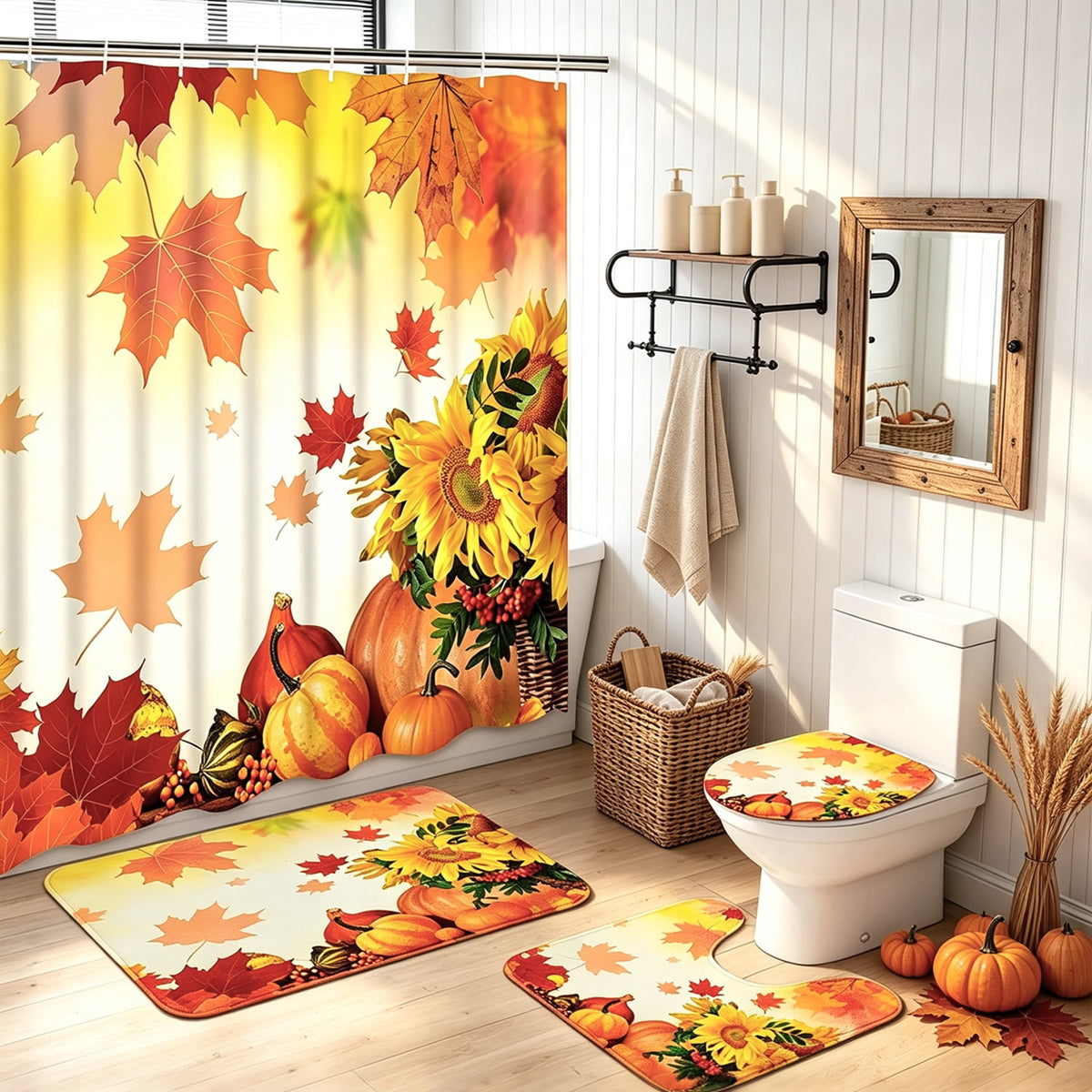 FRAMICS 16-Piece Fall Shower Curtain Sets with Rugs, Maple Leaves Pumpkin Bathroom Sets, Waterproof Fabric Bathroom Curtain Decor with Hooks