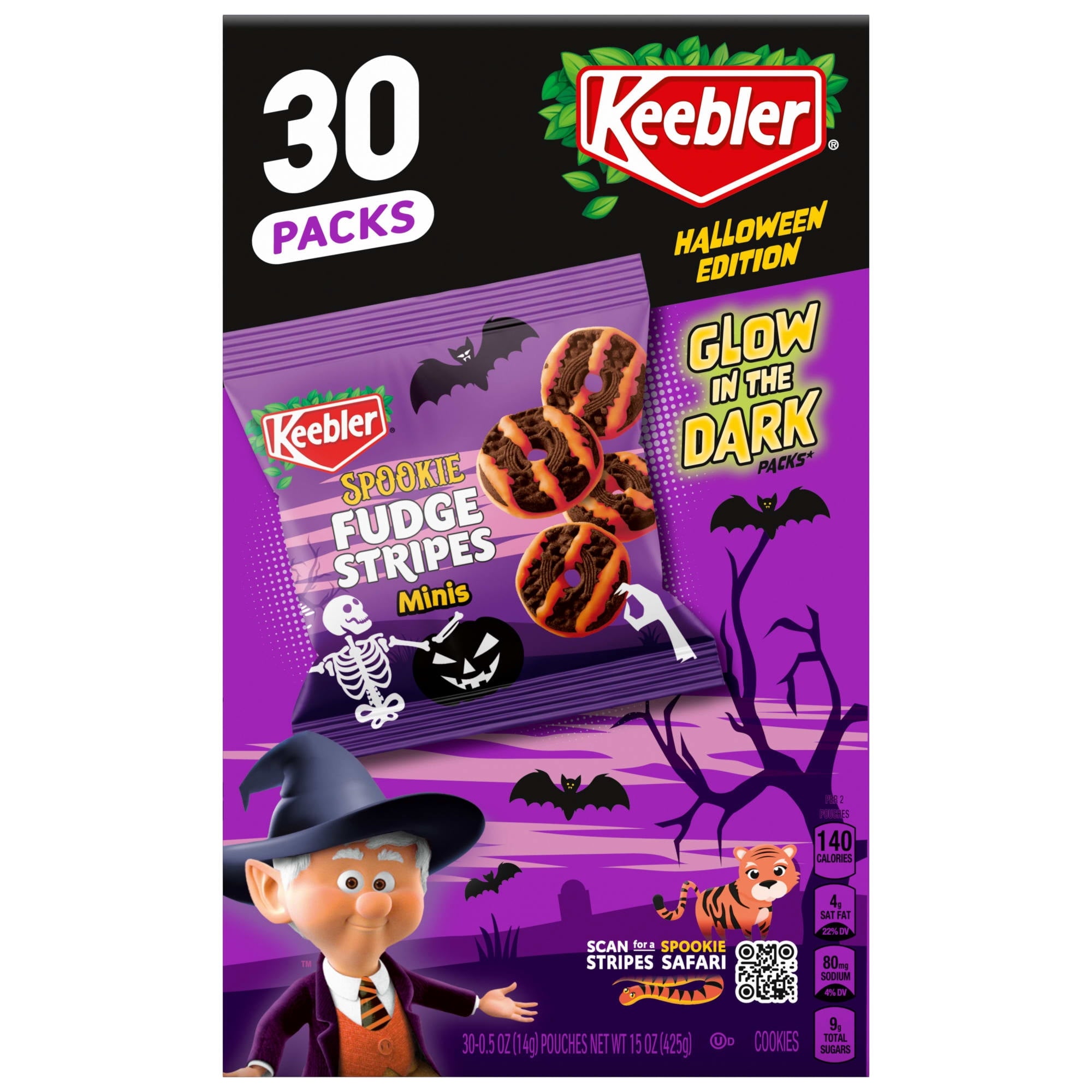 Keebler Spookie Fudge Stripes Minis, Halloween Candy, Chocolatey Cookies, 30 Glow-in-the-Dark Packs, 15 oz