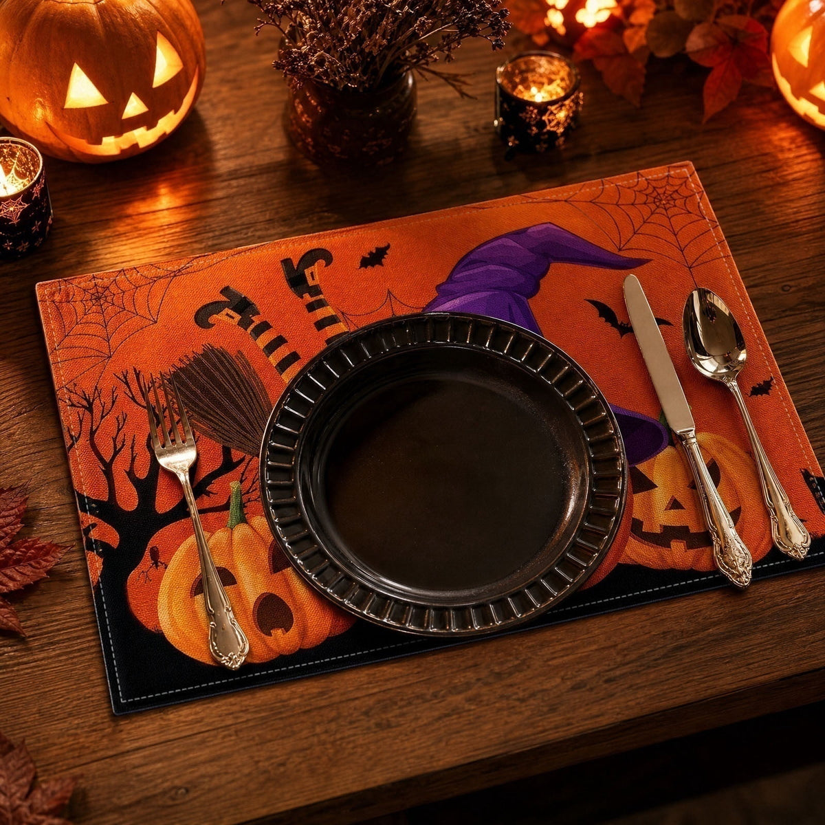 Halloween Pumpkin Placemats Set of 4, 12x18 Inch Pumpkin and Black Cat Table Mat, Washable Heat Resistant Place Mats for Kitchen Dining Table, Spooky Themed Decoration for Home, A