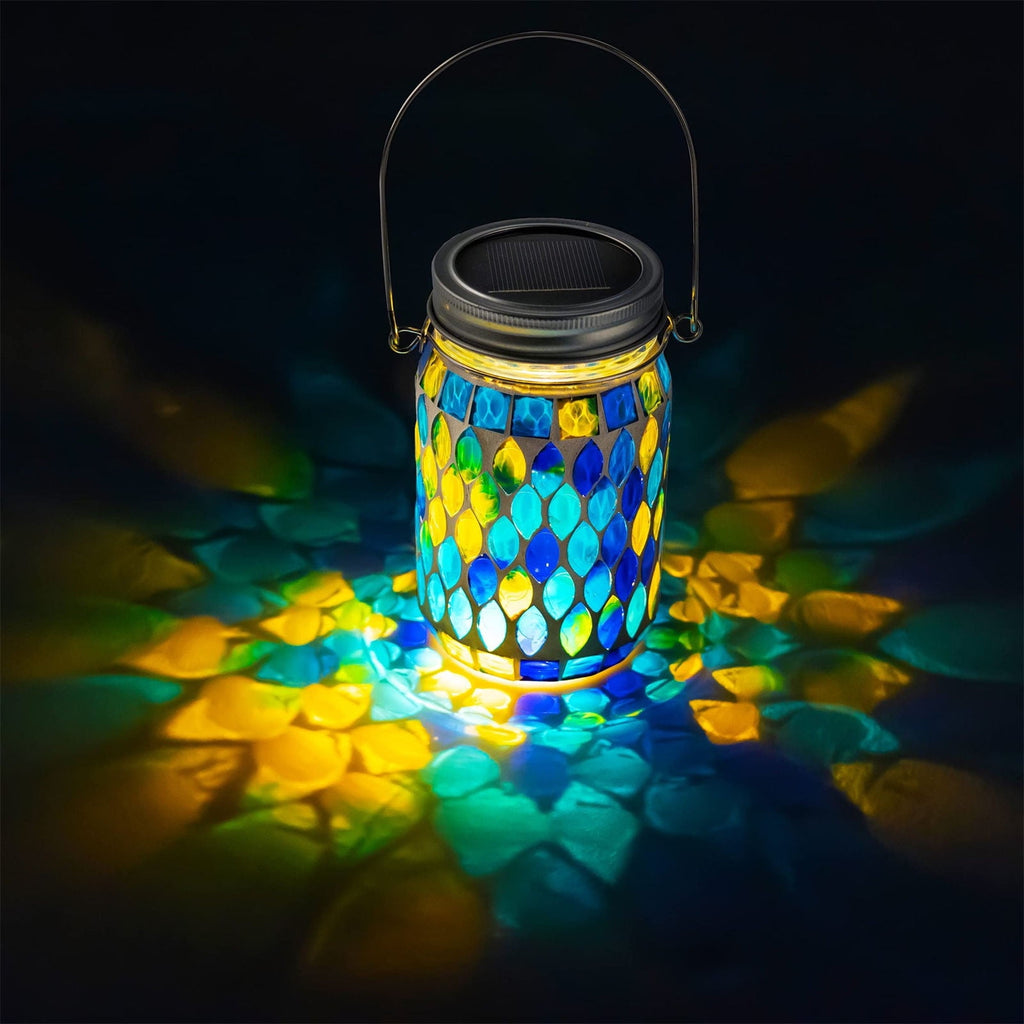 Hanging Solar Lantern,Solar Jar Light,Outdoor Waterproof Mosaic Glass Hanging Solar Lantern for Garden,Decorative Solar Lamp LED Night Light for Backyard(Blue 6*4.5in)