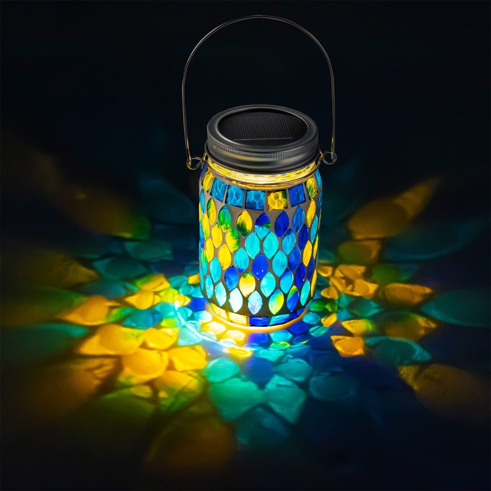 Hanging Solar Lantern,Solar Jar Light,Outdoor Waterproof Mosaic Glass Hanging Solar Lantern for Garden,Decorative Solar Lamp LED Night Light for Backyard(Blue 6*4.5in)