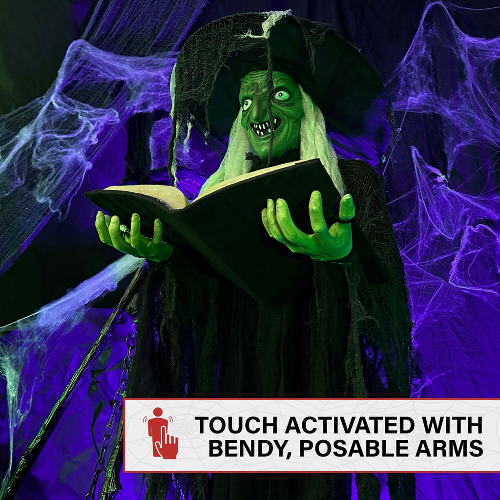 Haunted Hill Farm 5.5 ft Poseable Witch with Spell Book, Lights and Sound, Indoor/Covered Outdoor Halloween Decoration, HHWITCH-9FLS