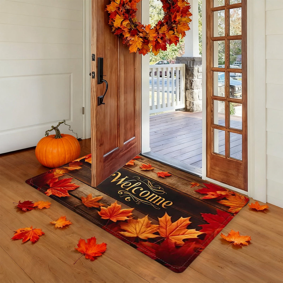 JoyMoreHome Fall Welcome Mat, 20x32 Inch Maple Leaves Door Mats, Decorative Indoor Outdoor Non Slip Entryway Rug, Halloween Thanksgiving Doormat Decor