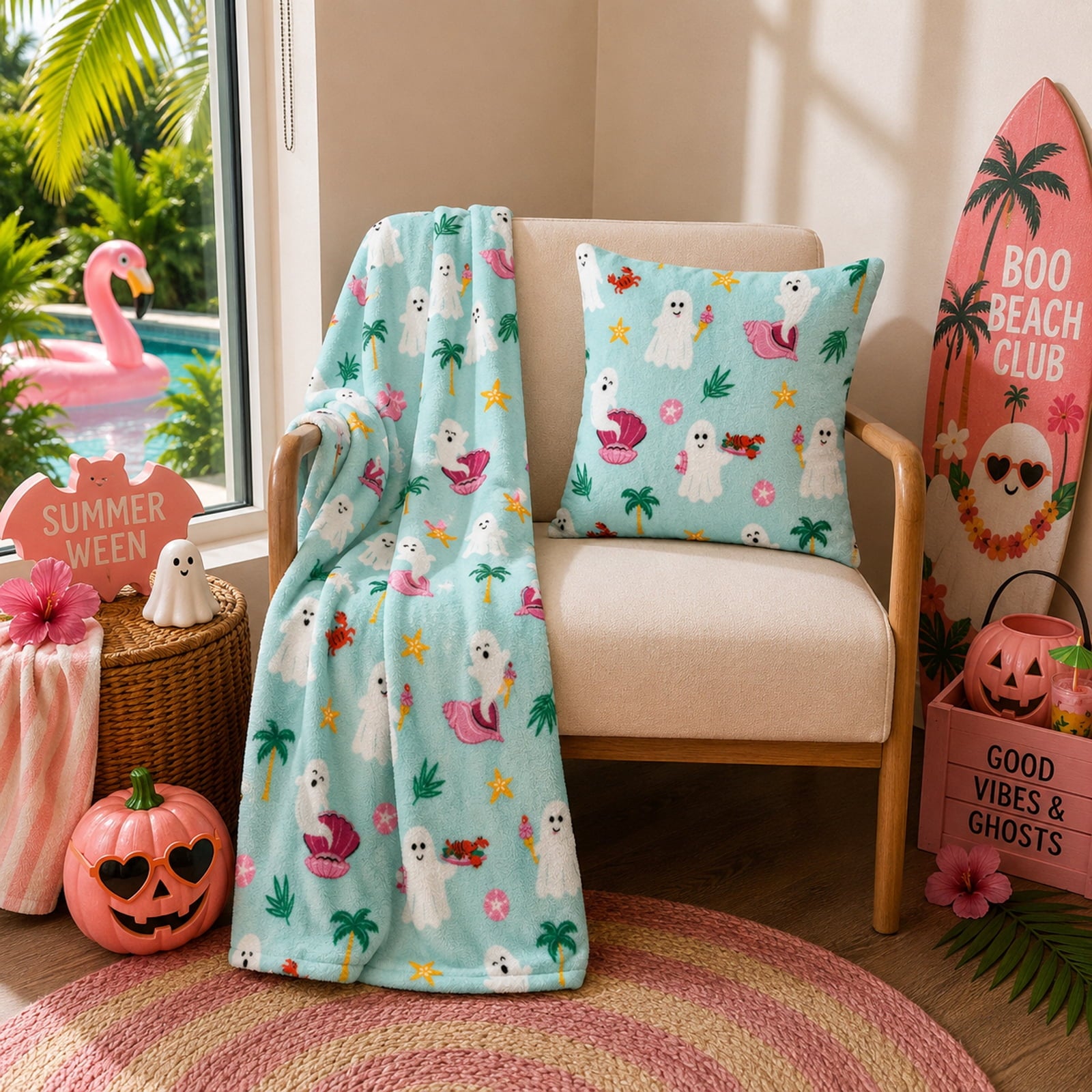 Summerween 18"x18" Plush Decorative Pillow, Vacation Ghosts