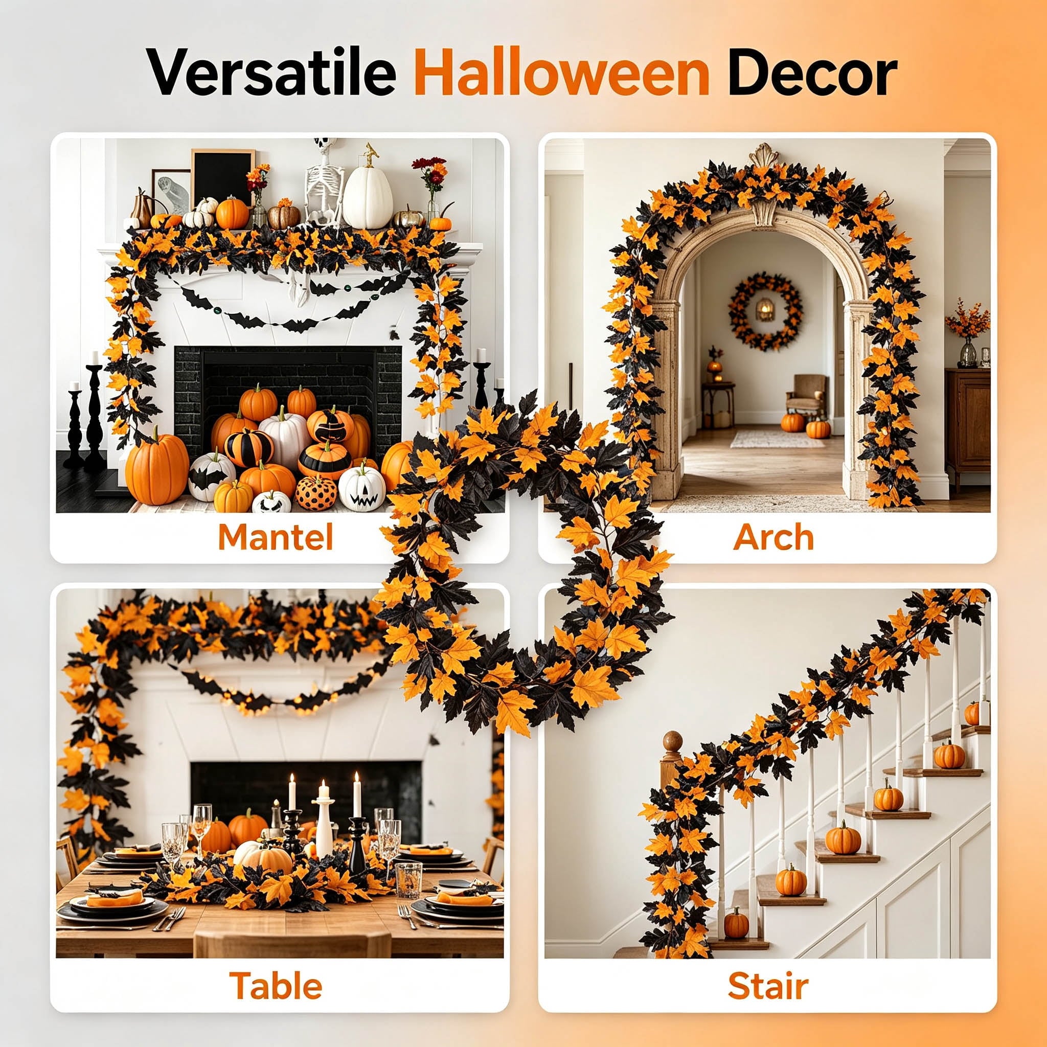 WKSCLPAI Halloween Maple Leaf Garland, Fall Vine Wreaths for Autumn Festivities Decor,Seasonal Garlands for Home,Halloween & Fall Decorations