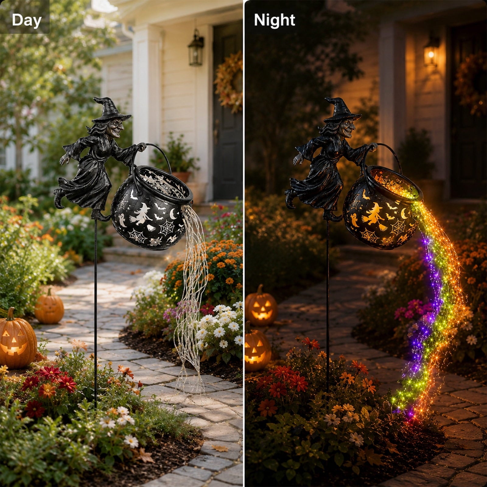 Halloween Witch Cauldron Garden Light, Solar Powered Halloween Projector Outdoor Decoration with Flying Witch and Lighted Cauldron, Witch Light Stake for Lawn Garden Porch Yard Decor, Style D