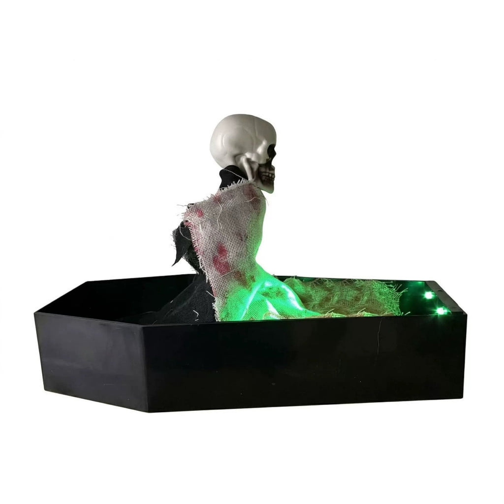 Voice Activated Animated Skeleton in Coffin, Spooky Halloween Decorations Prop with Green LED Light & Scary Sounds, Funny Tabletop Horror Skull Ghost Decor for Party Prank