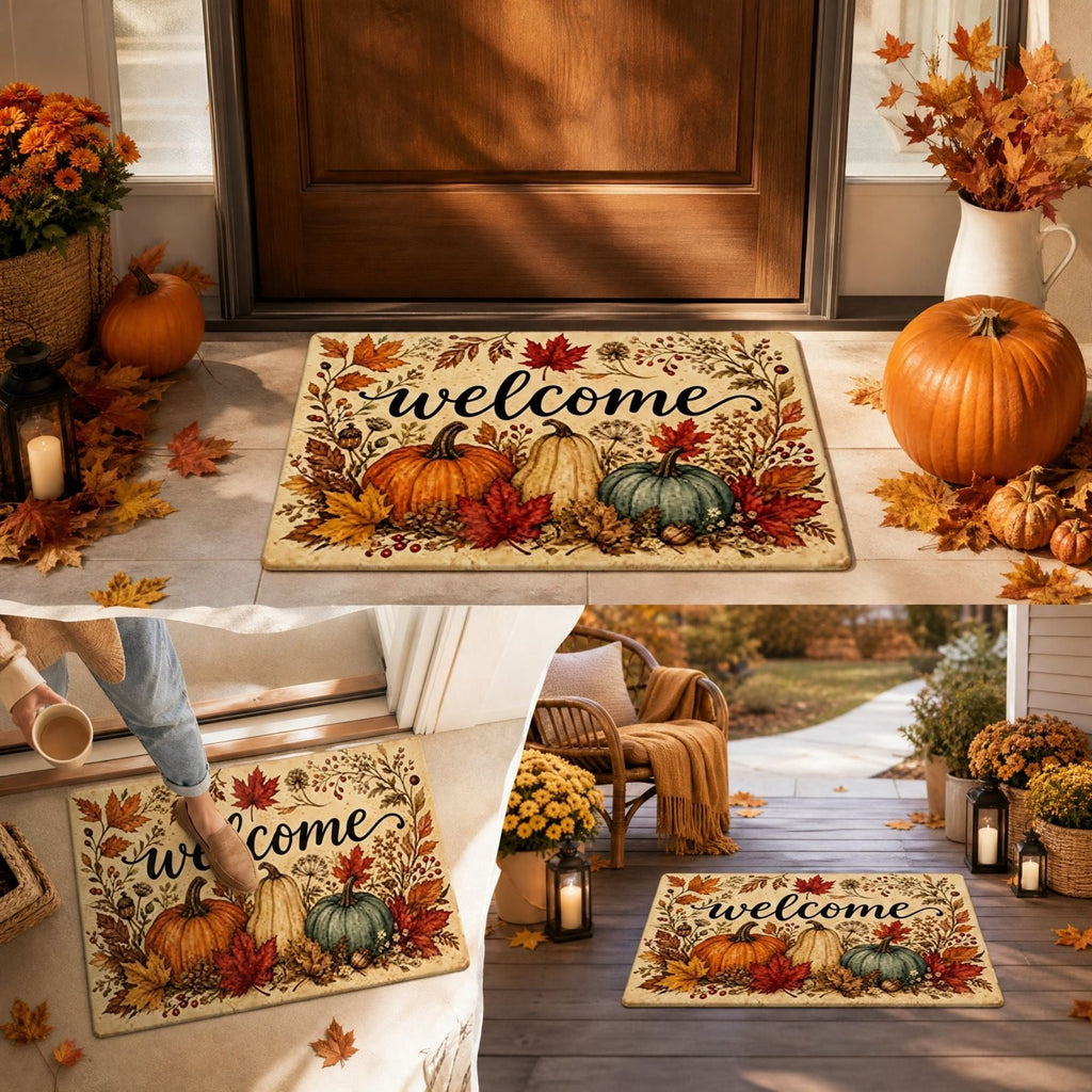 syligr Halloween Thanksgiving Doormat with Maple Leaf & Pumpkin Patterns - Non-Slip Floor Mat for Entryway, Kitchen, Porch, Fall Harvest Decor Rug with Anti-Fatigue Backing, Gift for Thanksgiving
