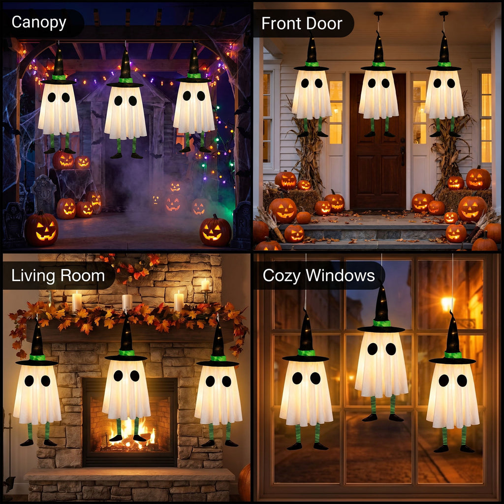 DAYBETTER 3 Pack Halloween Hanging Ghosts Light Up Decor, LED Ghost with Witch Hat Cute Lighted Ornaments for Indoor Outdoor Yard Patio Porch Tree Spooky Decor Gifts