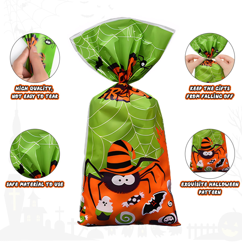 Qoosea 200 Pcs Halloween Treat Bags Halloween Cellophane Candy Bags Spider Web Bat Ghost Pumpkin Gift Bags with 200 Twist Ties Kids Party Candy Bags for Halloween Party Supplies