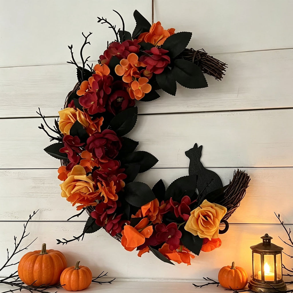 Gcvizuso Halloween Crescent Floral Wreath, Orange Red Rose Hydrangea Fall Front Door Decor for Autumn Harvest Celebration