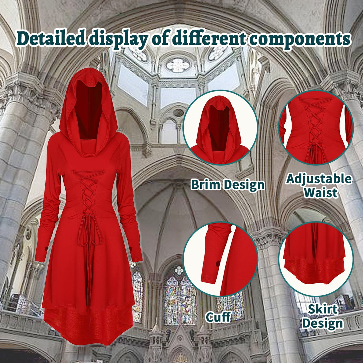WASFDN Womens Renaissance Costumes Hooded Robe Lace Up Renaissance Dress Women Halloween Vintage Medieval Cloak(Green,L)