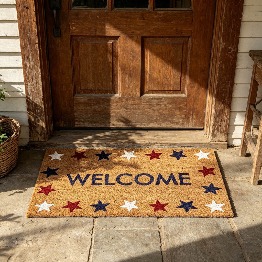 Patriotic Door Mat 4th of July Bow Flag Floor Doormats Independence Day Star Welcome Non Slip Mats for Front Porch Decor 16*24in Black