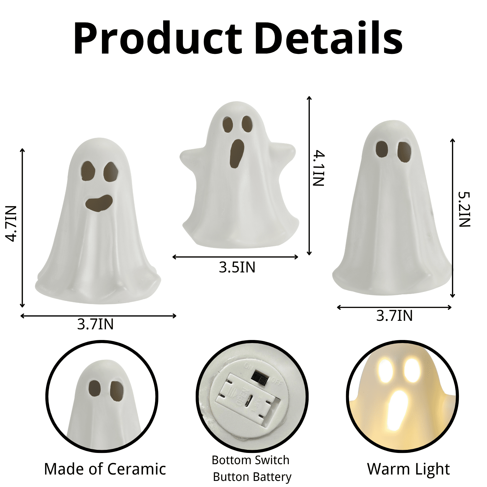 3 Pack Halloween Ceramic Ghost Decor, Cute Halloween Ghost with LED Lights, Small Ghost Spooky Figurines for Halloween Tabletop Centerpieces Fireplace Indoor Decoration
