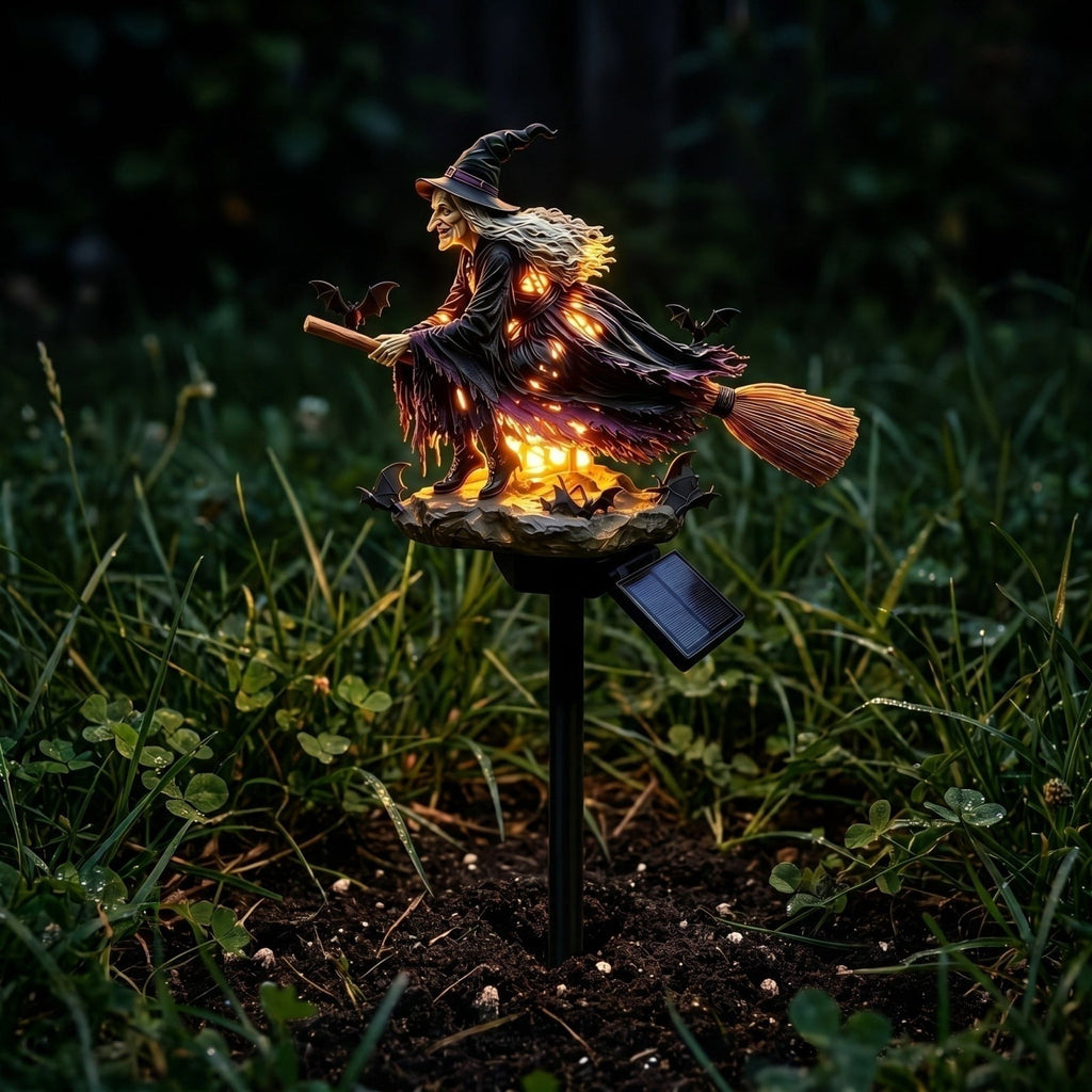 Halloween Witch Cauldron Garden Light, Solar Powered Halloween Projector Outdoor Decoration with Flying Witch and Lighted Cauldron, Witch Light Stake for Lawn Garden Porch Yard Decor, Style D
