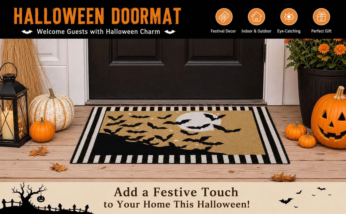 Dpityserensio Halloween Doormat Black Bat and Moon with Striped Border Non-Slip Washable Indoor Outdoor Rug, Vintage Fall Decor