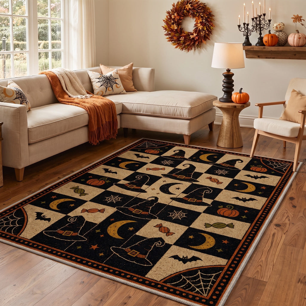 GENIMO 2'x7' Halloween Runner Rug, Washable Non Slip Soft Vintage Witch Indoor Outdoor Hallway Runner for Porch Patio Kitchen Entryway, Retro Sepia
