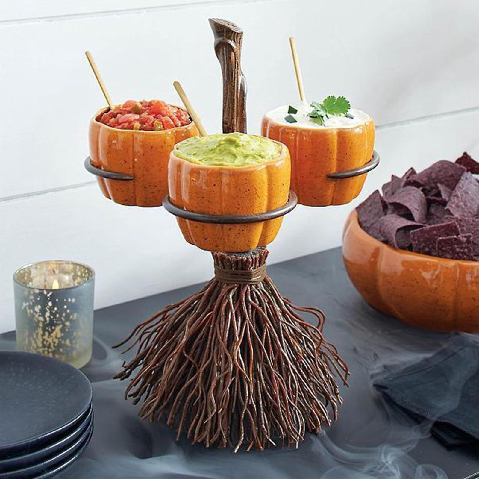 Diceymbol Halloween Pumpkin Snack Bowl Stand Collapsible Broomstick Candy Tray for Cupcakes & Desserts, Resin Serving Platter with Ceramic Pumpkin Bowls