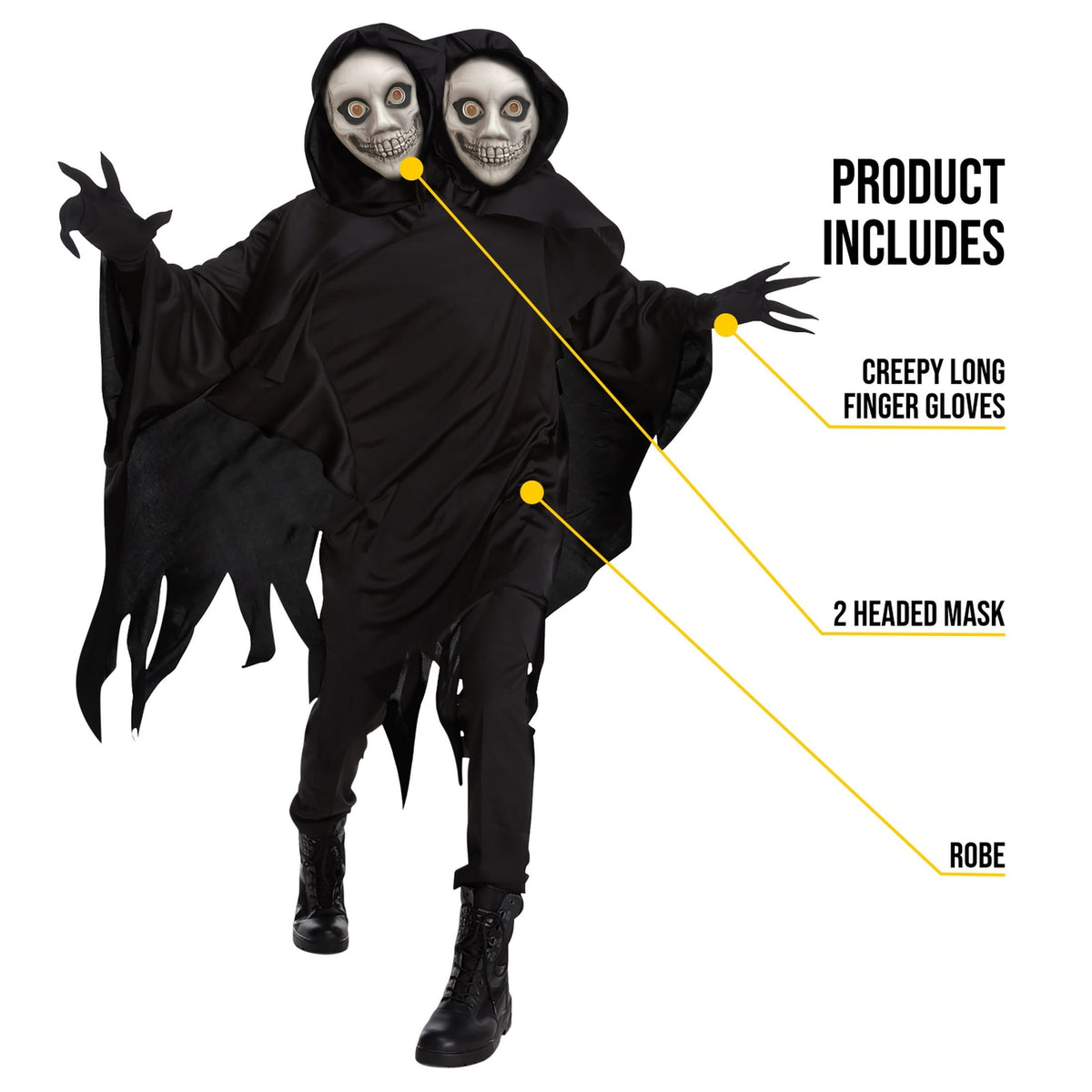 Morph Adult 2 Headed Ghoul Costume Mens Womens Grim Reaper Halloween Fancy Dress Halloween Black XL