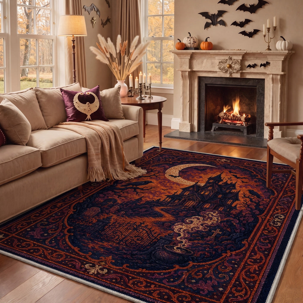 GENIMO 5'x7' Halloween Area Rug for Living Room, Washable Non Slip Soft Vintage Witch Indoor Rug for Bedroom Dining Room Home Office, Retro Sepia