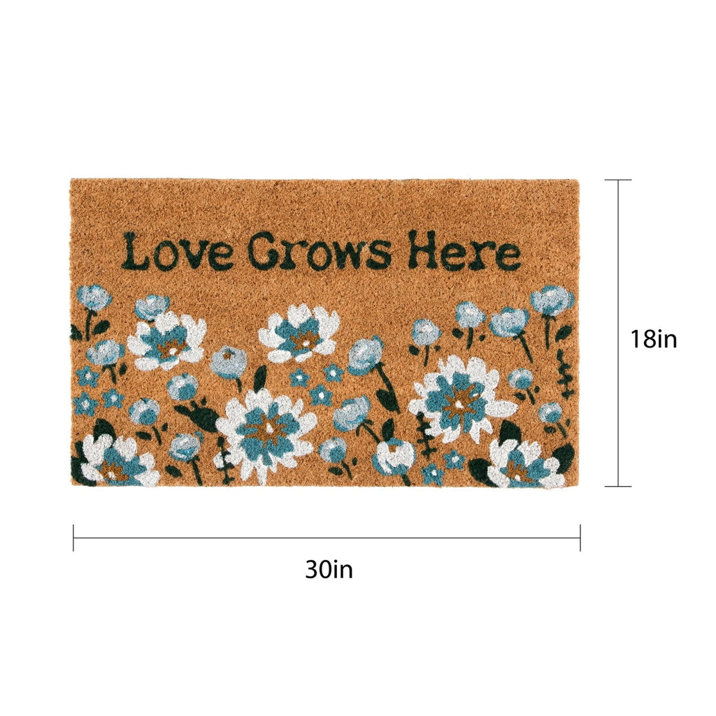 Lypsnake Natural Coco Coir Doormat - "Love Grows Here" Printed with Delicate Floral Pattern, Non-slip Absorbent Entry Mat for Home Entrance Porch Patio and Outdoor Decoration