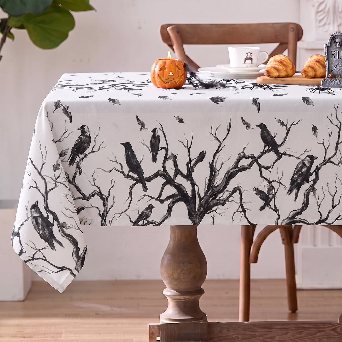 Sm:)e Crow Haunted Tree Halloween Tablecloth 60x84 Inch, Machine Washable Table Cover for Dinner/Party Decoration/Holiday