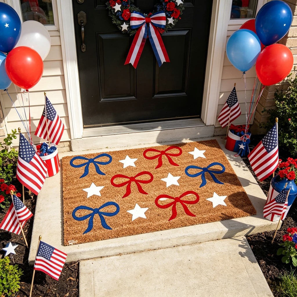 Patriotic Door Mat 4th of July Bow Flag Floor Doormats Independence Day Star Welcome Non Slip Mats for Front Porch Decor 16*24in Black