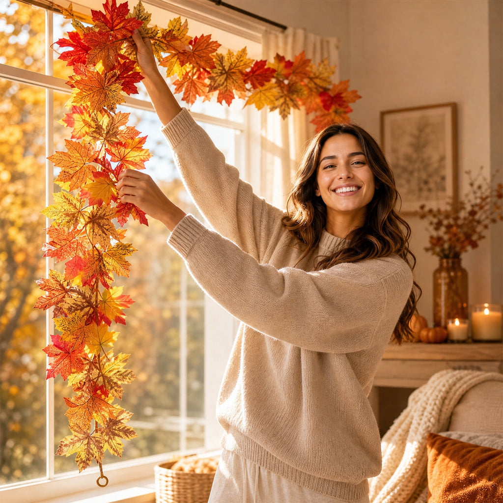 WKSCLPAI Halloween Maple Leaf Garland, Fall Vine Wreaths for Autumn Festivities Decor,Seasonal Garlands for Home,Halloween & Fall Decorations