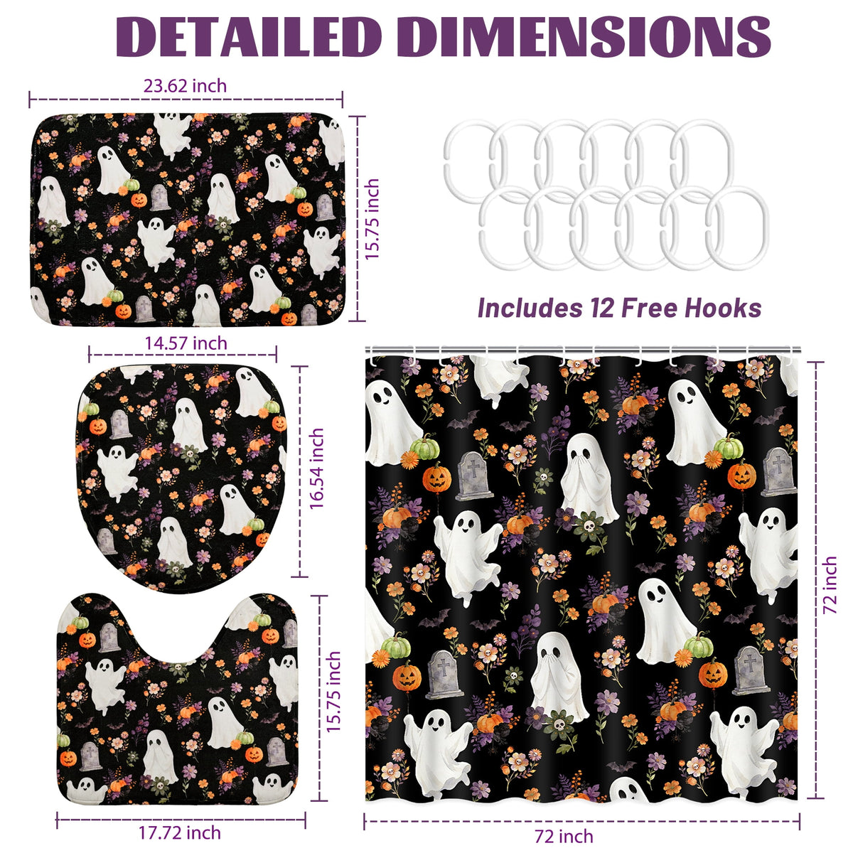FRAMICS Halloween Shower Curtain Sets with Rugs, 16 Pc Pumpkin Spooky Ghost Bathroom Sets, Black Waterproof Fabric Shower Curtain with 12 Hooks and Toilet Rugs
