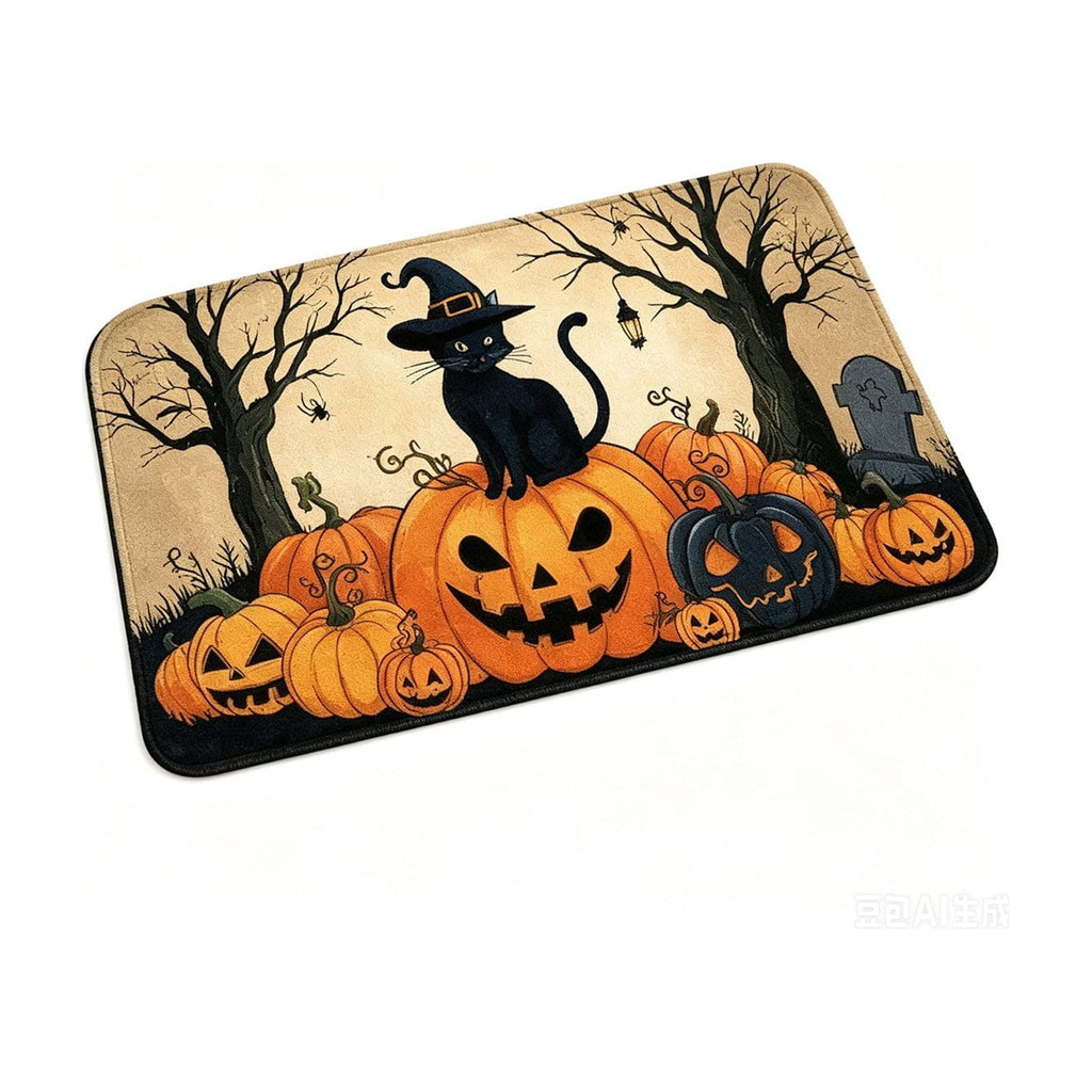 Halloween Black Cat Doormat, 23.6x15.7 Inch Spooky Pumpkin Floor Rug, Non-Slip Seasonal Entryway Mat for Front Door Porch & Indoor Decor