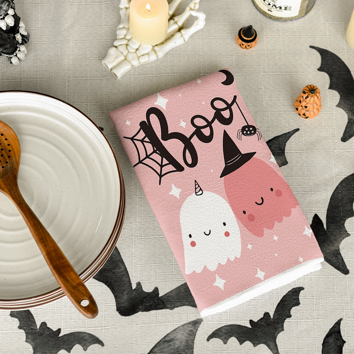 Sm:)e Pumpkin Ghost Bat Happy Halloween Dish Towels Set of 4, 18x26 Inch, Seasonal Holiday Hand Towels for Kitchen and Dining Table