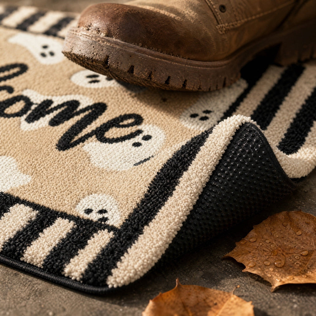 QuanTara Halloween Ghost Welcome Doormat, 31.5" x 15.75" Non-Slip Entryway Rug, Cute Spooky Ghost Print with Striped Border, Soft Faux Velvet Front Door Mat for Fall Home Decor, Porch & Indoor Use