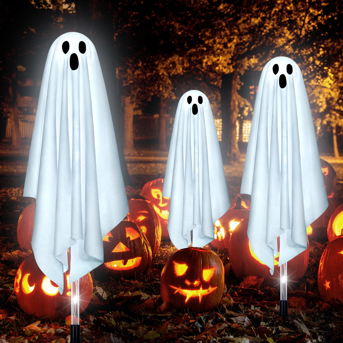 Qoosea Halloween Decorations Outdoor, 6 pack Light up Spooky Ghosts with 8 Modes LED Light - Scary Standing Ghosts Decor for Front Door Porch Yard Home Party