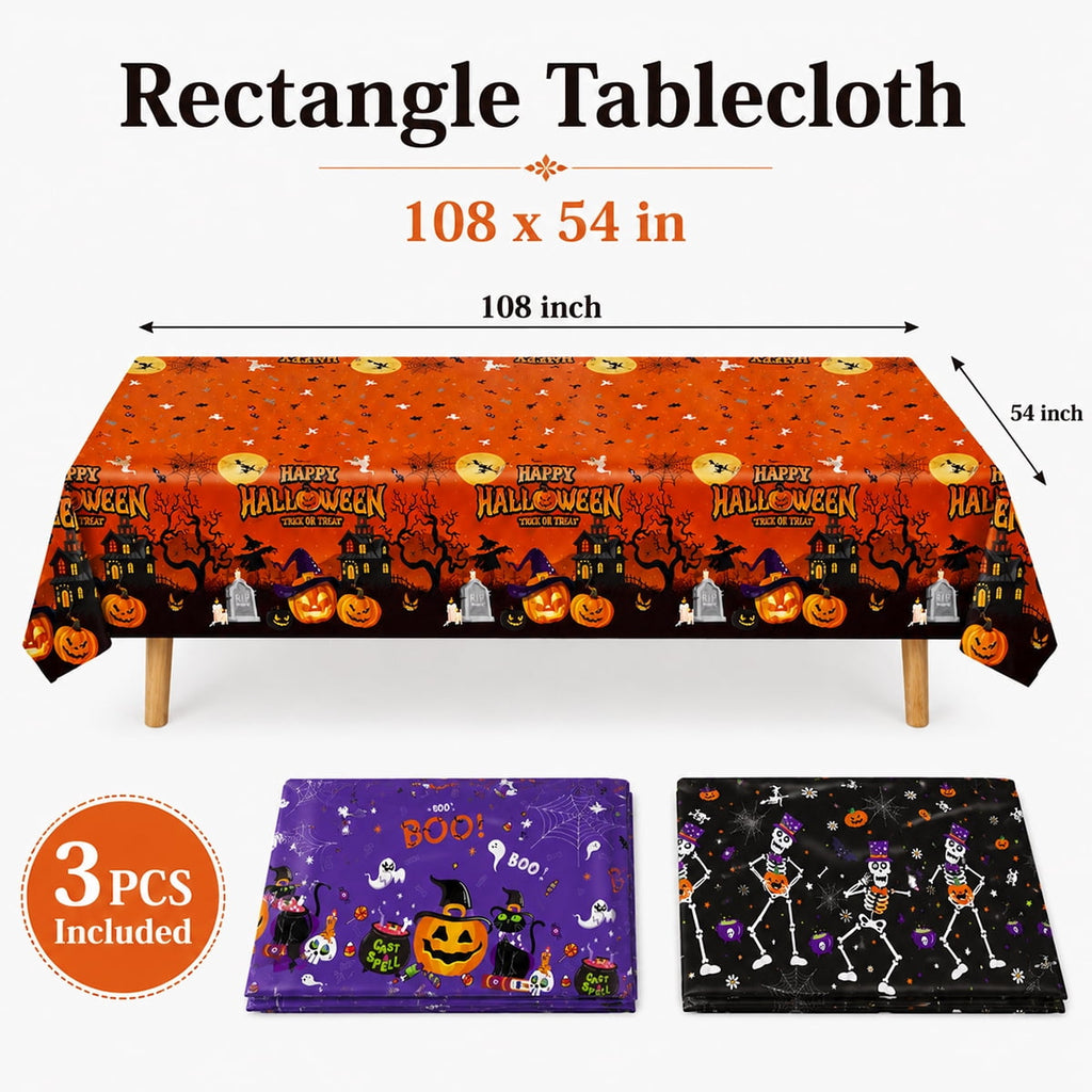 Halloween Tablecloth Decorations Halloween Party Supplies Plastic Disposable Rectangle Tablecovers Skeletons Ghosts Pumpkin Table Décor 3Pcs Design 2