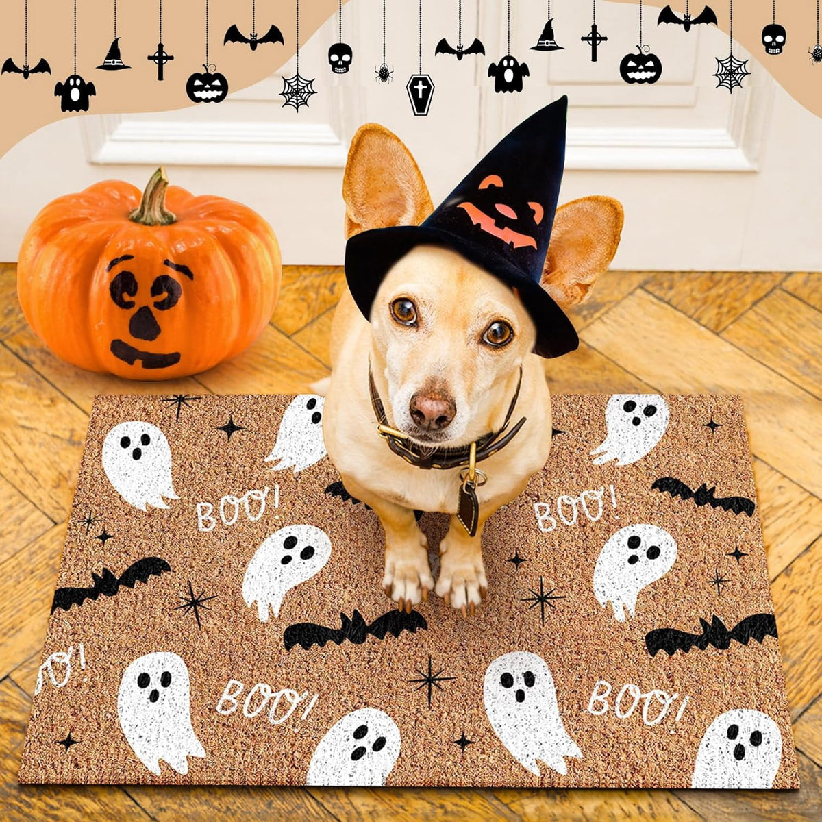 Jinswick Halloween Doormat Coir Ghost Welcome Doormat Funny Halloween Boo Bat Door Mat with Anti-Slip Rubber Non Slip Floor Mat for Indoor Front Door Entrance Decor, 16 x 24 Inch(Amusing)