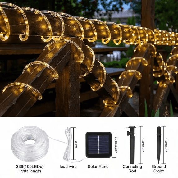 Solar Rope Lights Outdoor Waterproof 100LED Tube String Lights with USB Rechargeable Timer 8 Modes Dimmable Twinkle Fairy String Light for Trampoline Yard Pool Party Wedding Christmas