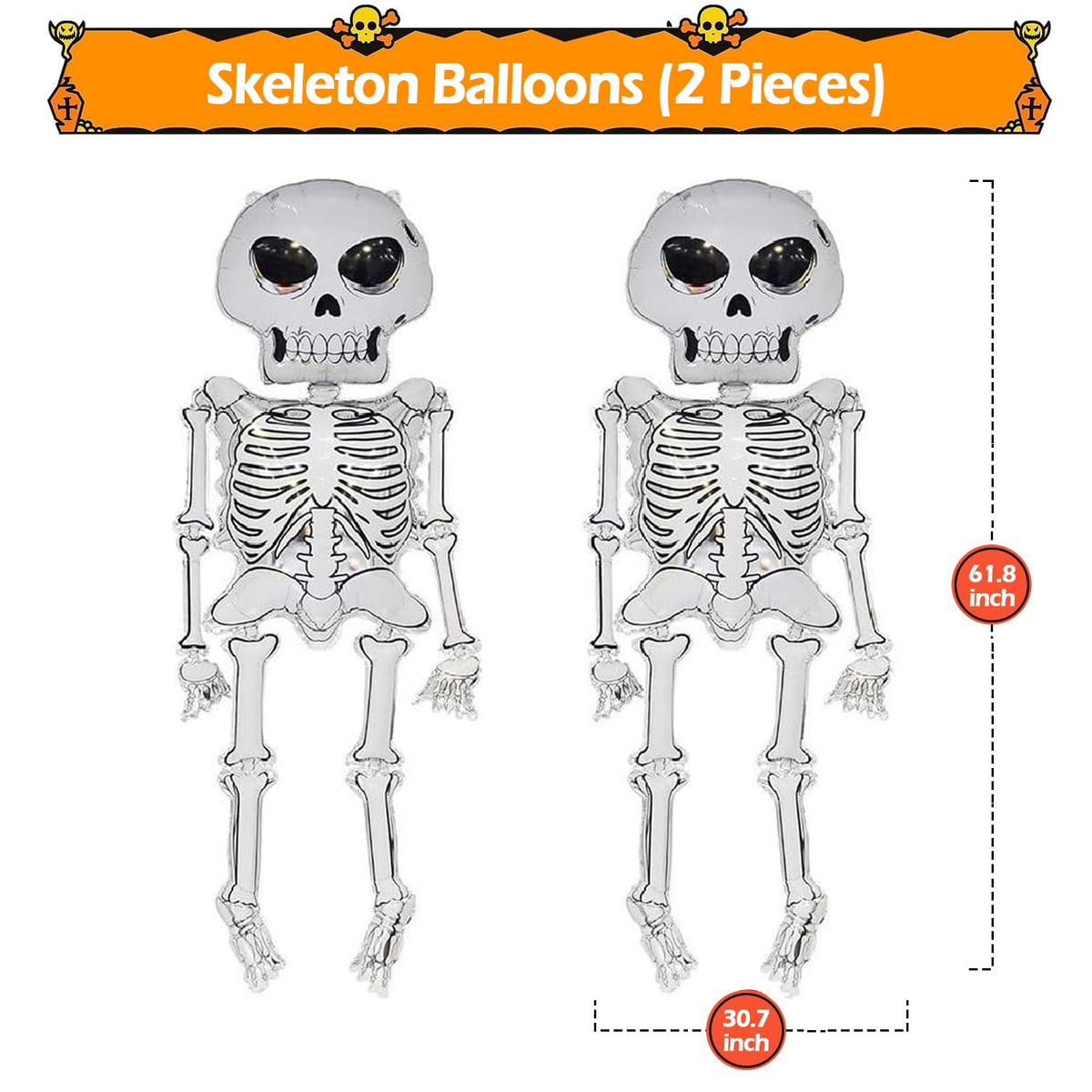 Pack of 2 Halloween Balloons, IC ICLOVER 61.8” Jumbo Skull Foil Balloons Skeleton Themed Party Decoration
