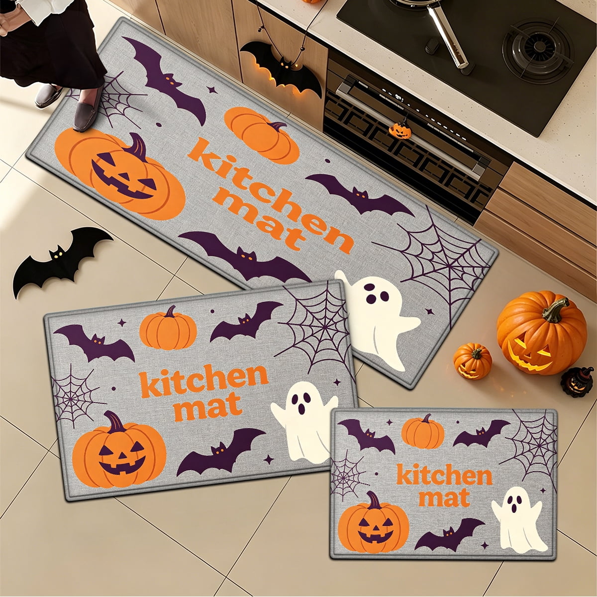 YIMEIS Halloween Pumpkin Lanterns 3Pcs Flannel Mat and Kitchen Rugs Set,Soft Non-slip,Perfect for Home Bathroom
