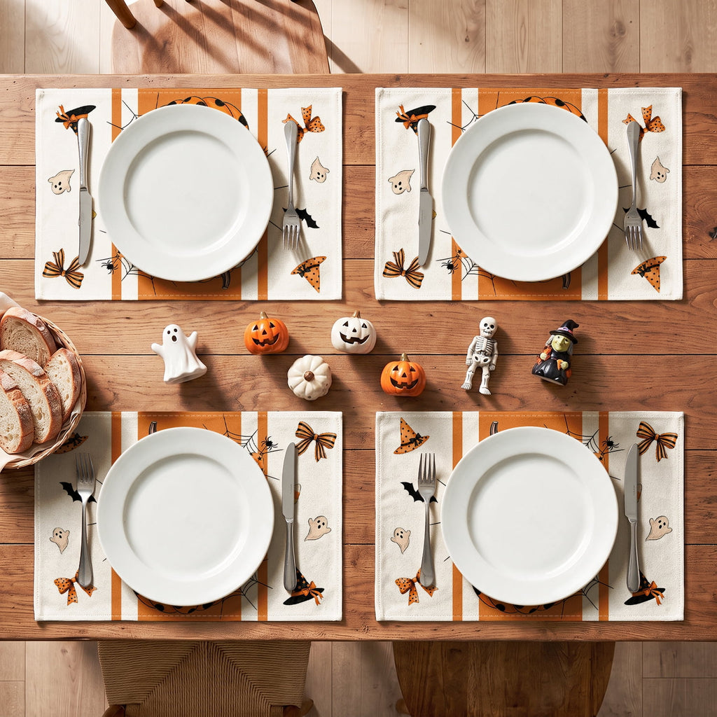 Smile Jack-O'-Lantern Spider Web Halloween Table Placemats Set of 4 Round 15 Inch Black