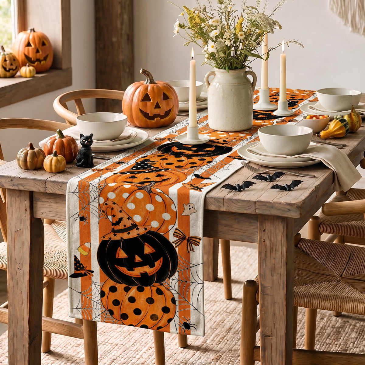 Sm:)e Halloween Table Runner Ghost Pumpkin 13x72 Inch, Halloween Party Kitchen Dining Indoor Outdoor Decorations,Orange