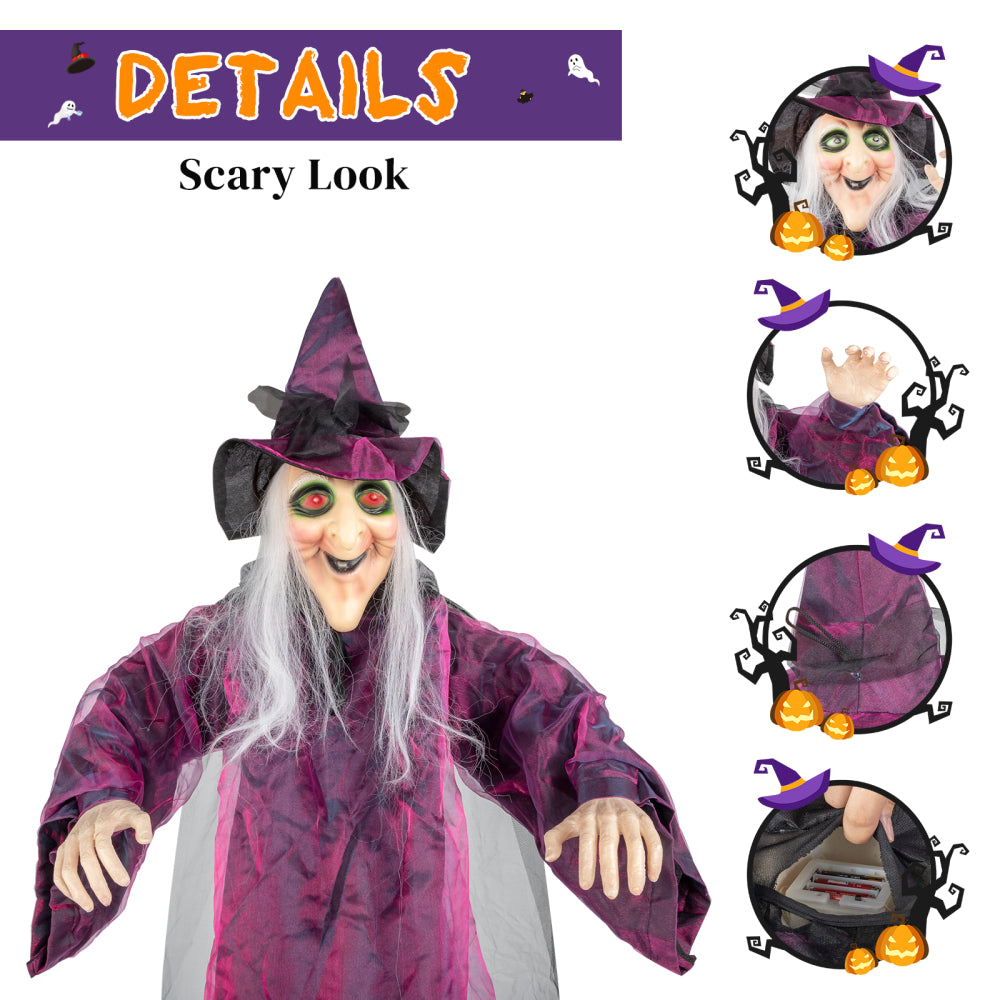 71" Life Size Hanging Talking Witch, Animated Halloween Witch with Sound Activation and Red Eyes for Outdoor & Indoor Decor - Old, Spooky and Scary Flying Animatronic Witch for Halloween Decorations