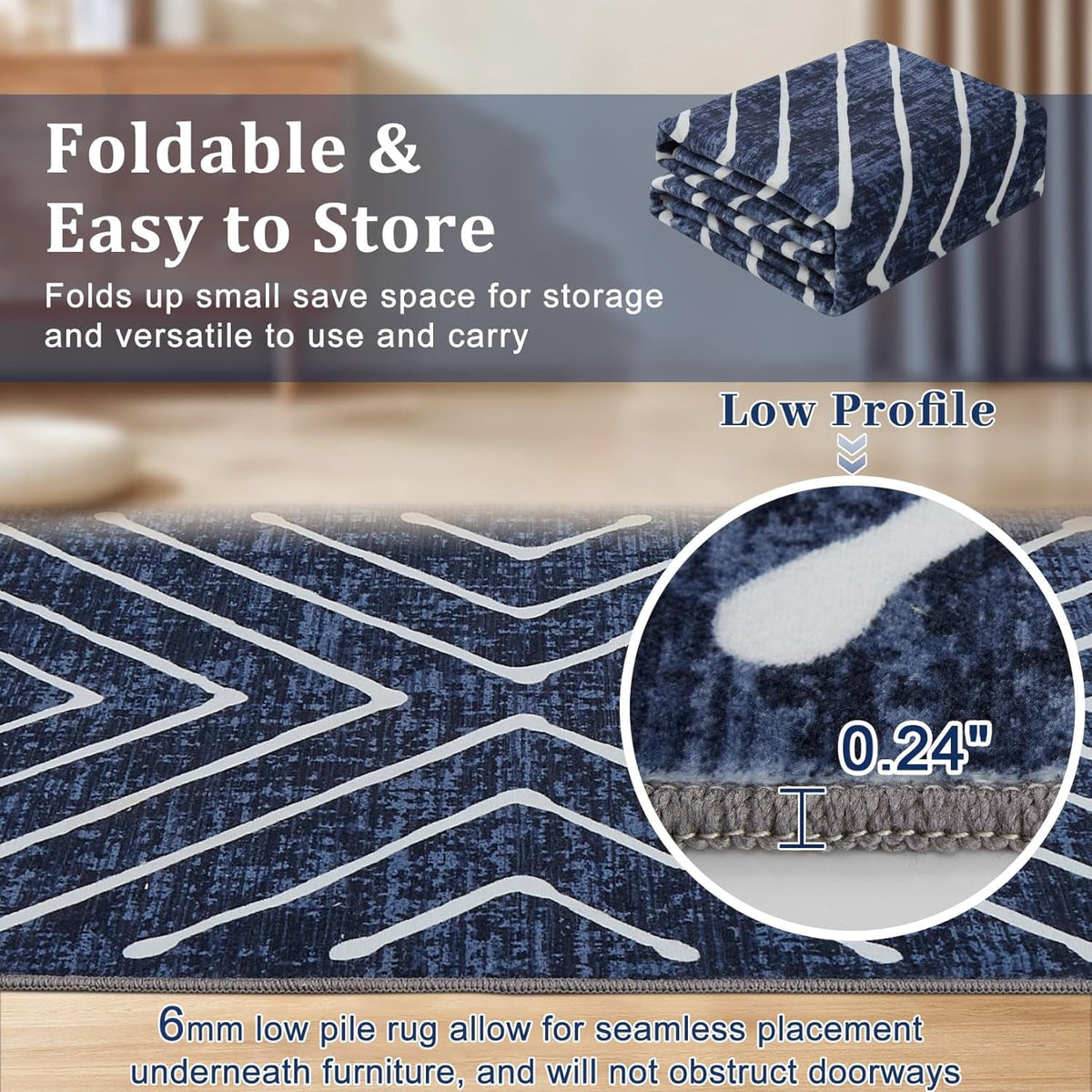 Washable Rug 10x13 Area Rug for Bedroom Modern Living Room Rug Non Slip Striped Large Area Rug Soft Non Shedding Throw Rugs Stain Resistant Carpet for Dining Room Nursery Navy 10'x13'