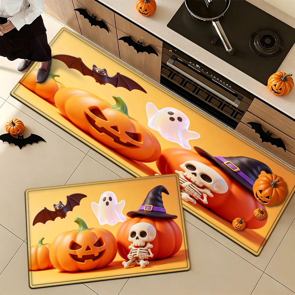 YIMEIS Halloween Neon Pumpkin Lanterns 3Pcs Flannel Mat & Kitchen Rugs Set,Soft Non-slip,16''×24'' 20''×30'' 17''×47'' Inches,for Entryway Bathroom
