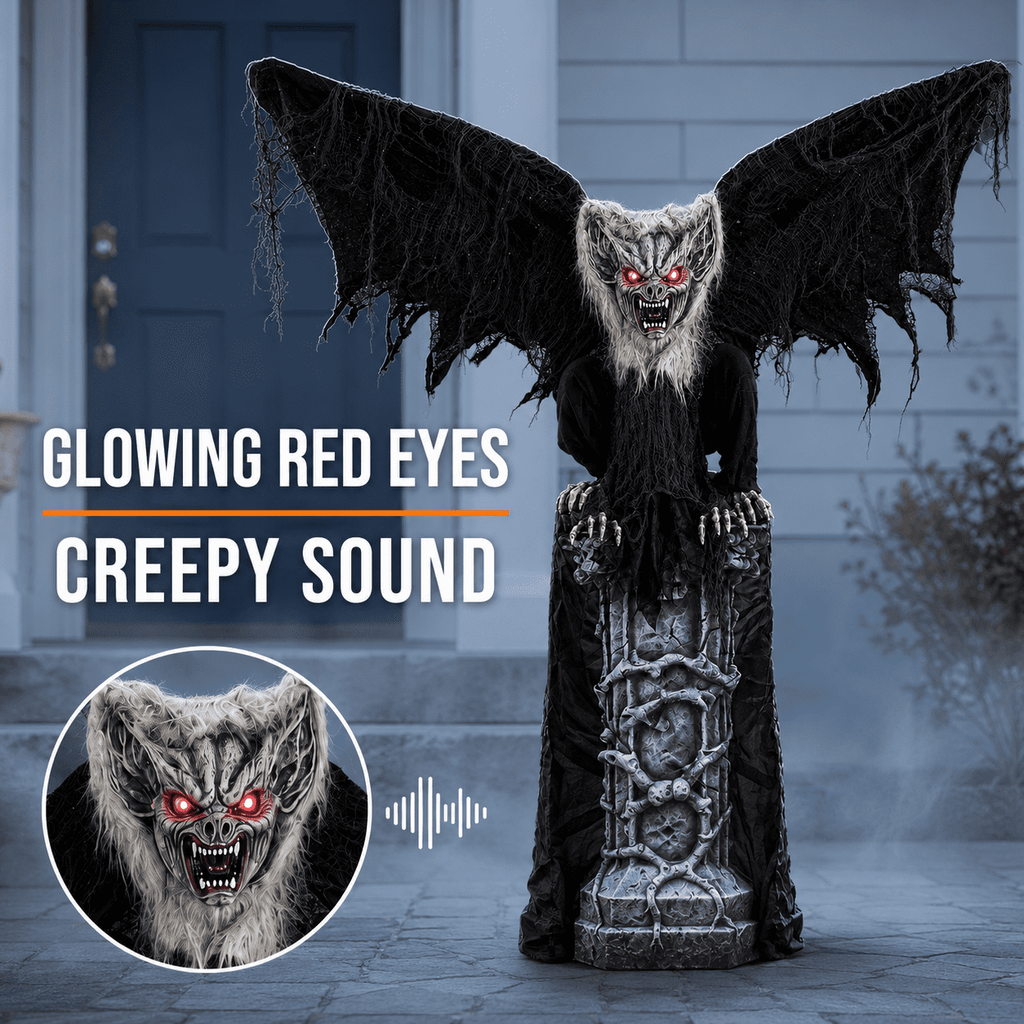 Romswi Halloween Decorations 4.7ft Standing Tombstone Gargoyle Animated with Light Up Eyes and Sound-Activated for Spooky Yard Garden Decor