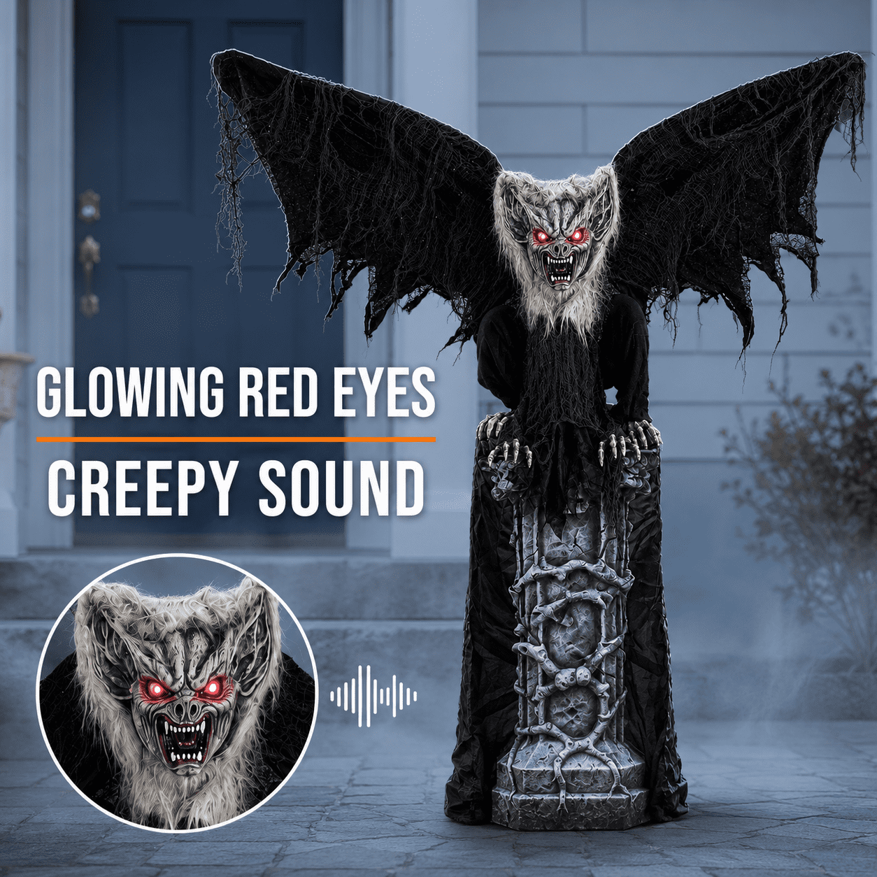 Romswi Halloween Decorations 4.7ft Standing Tombstone Gargoyle Animated with Light Up Eyes and Sound-Activated for Spooky Yard Garden Decor