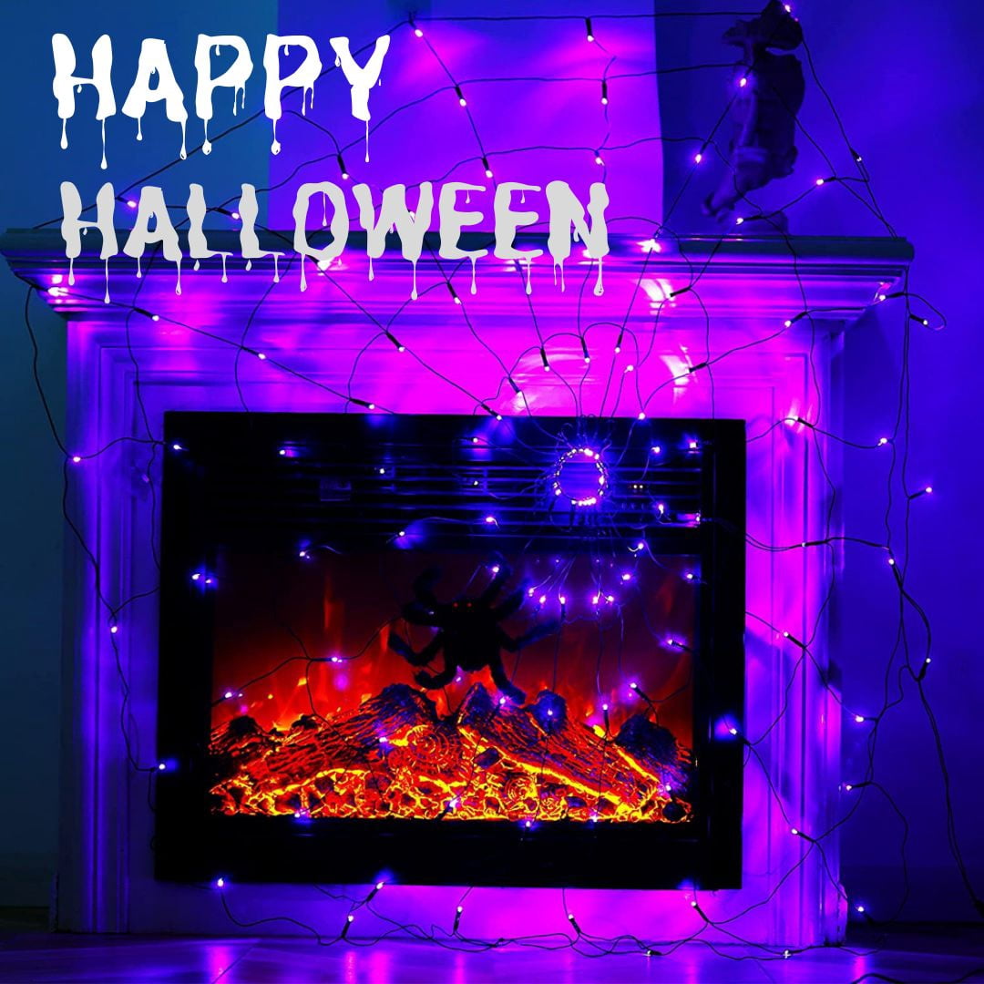 16.4Ft Large Spider Webs Halloween Decorations Lights, Outdoor Battery Operated Purple Halloween String Lights with 8 Modes Remote Control 125 LEDs Spiderweb,60" Large Spider,Waterproof (Purple)